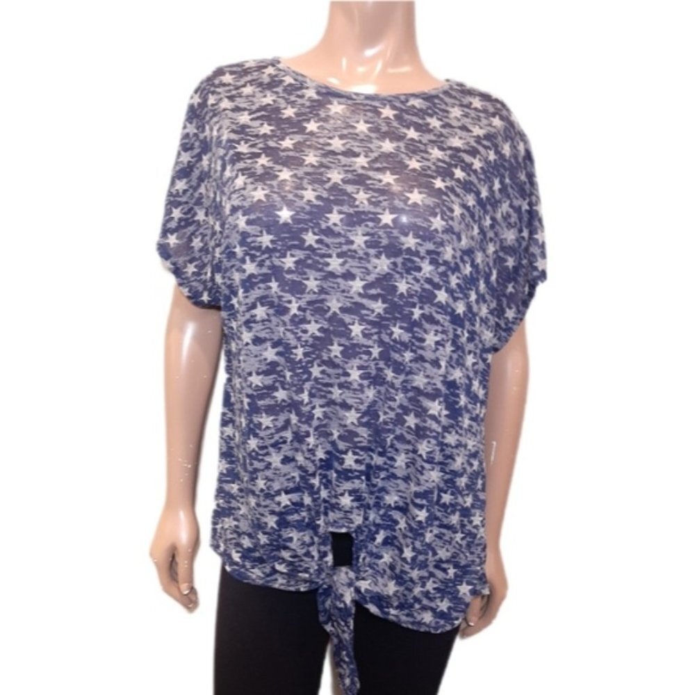 3/$20 Cherish Slouchy Burnout Tee Sheer Star Print Tie Hem Short Sleeve Top